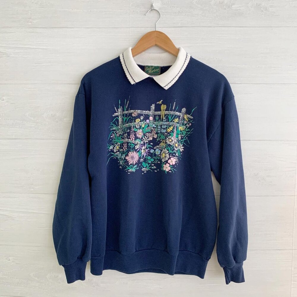 Vintage Calico Harbor Jerzees - Navy floral pasture Grandma collar sweatshirt L